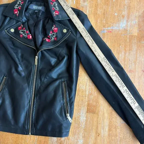 Kenneth Cole Reaction Moto Jacket Womens Small Black Faux Leather Floral Embroid - Picture 6 of 7
